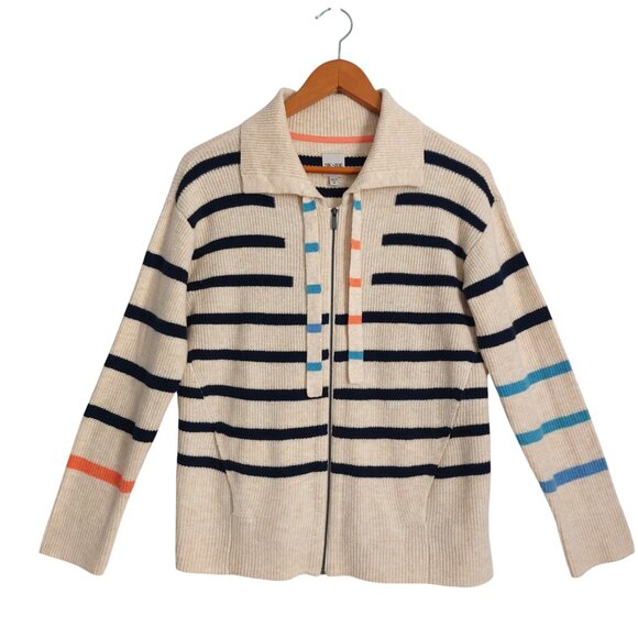 NIC+Zoe Cardigan Medium Zip Front Collar Cream Stripes Preppy Sporty - Picture 6 of 13